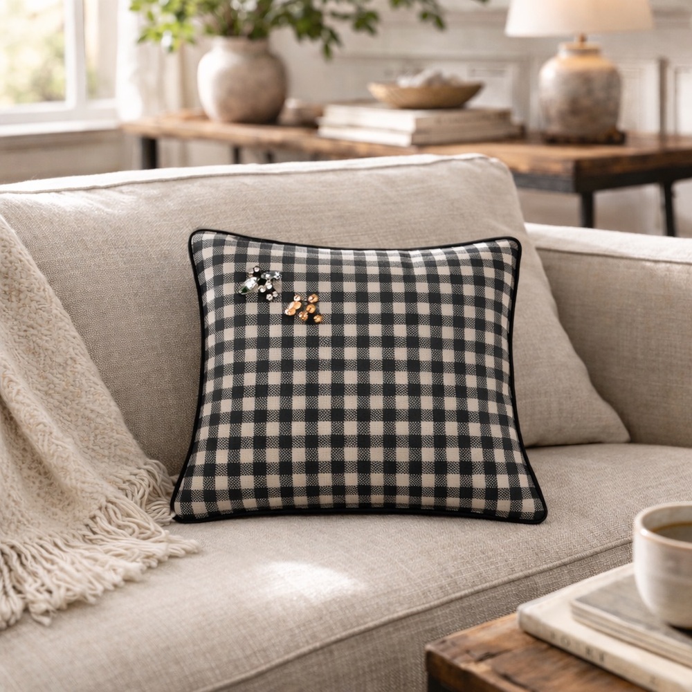 Pottery Barn Norton Pillow Cover Black 18”Gingham Check Honey Bumble Bee